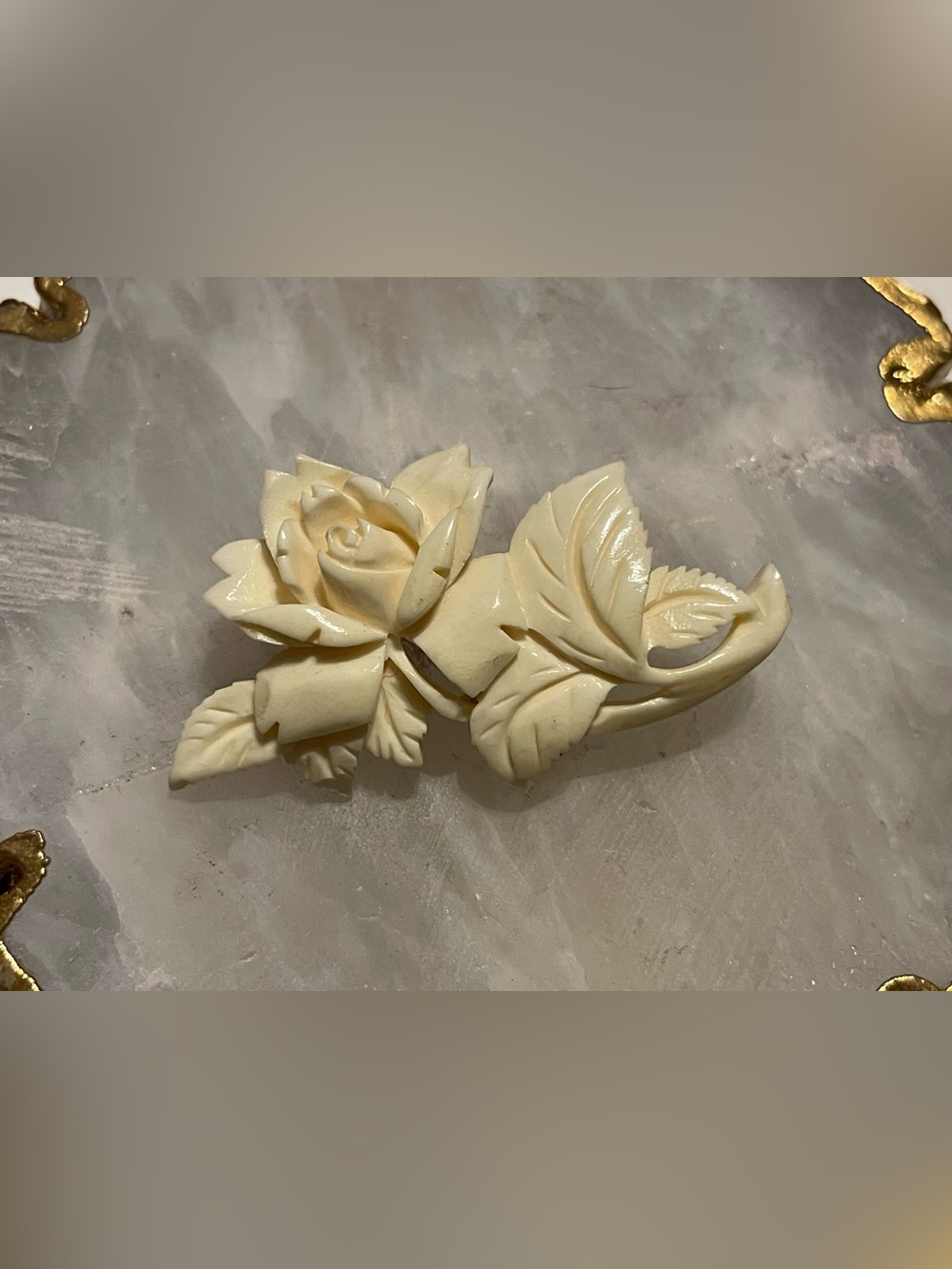 Vintage Carved Bone Rose Flower Brooch